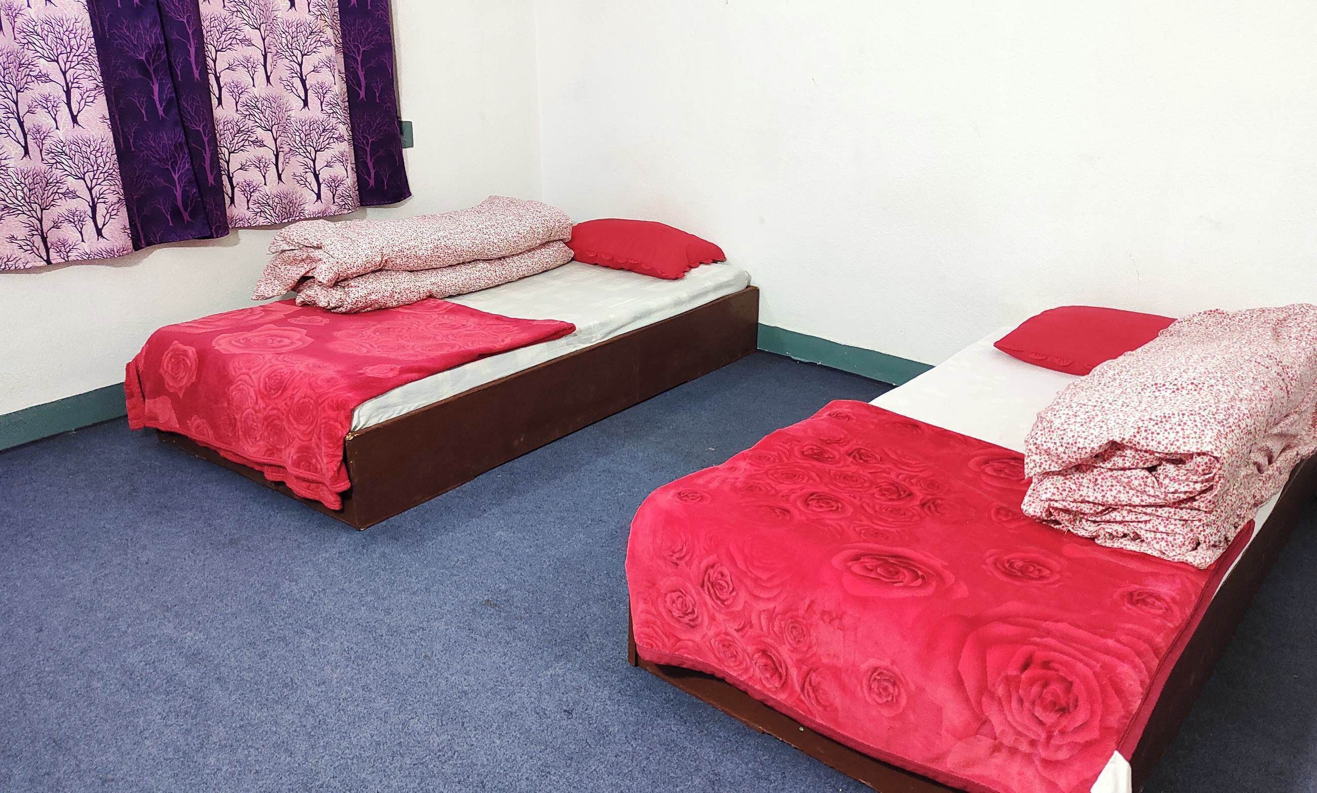 Dos camas individuales con ropa de cama roja y diseños florales, una alfombra azul y cortinas moradas con un estampado de árbol.