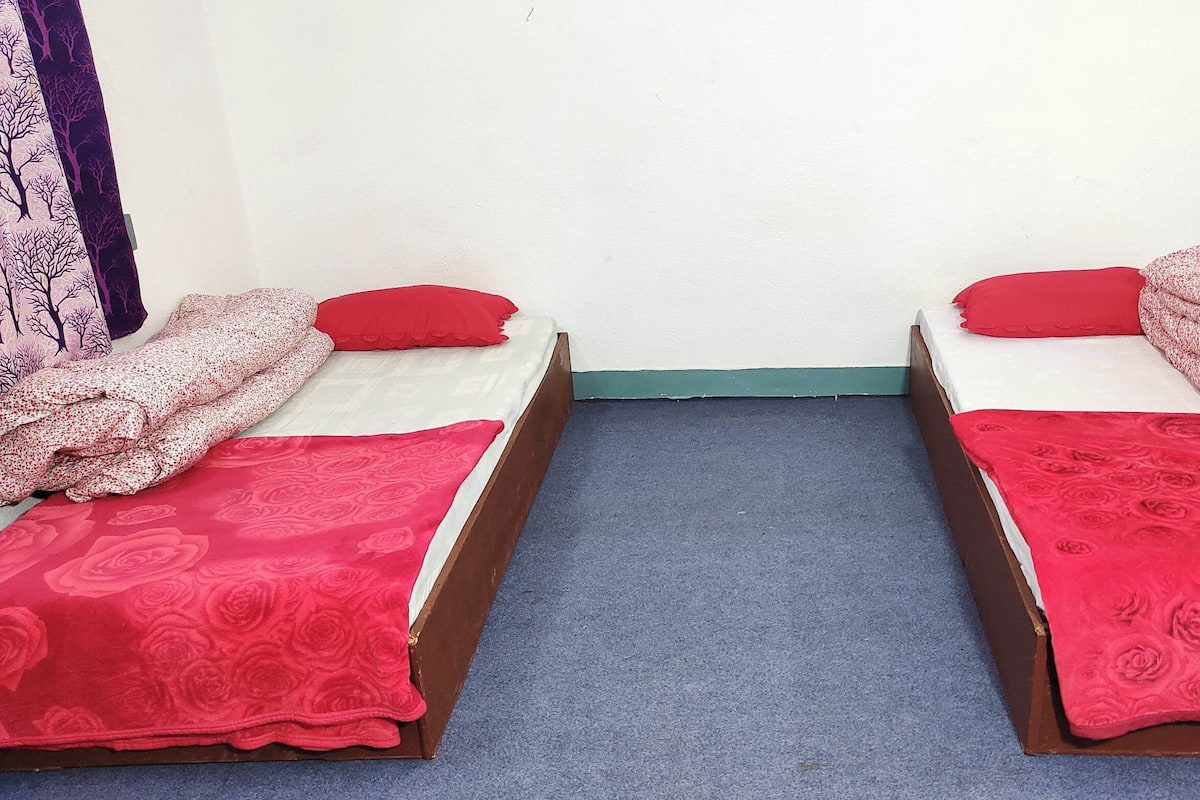 Two single beds with red and white floral bedding, a blue carpet, and a plain white wall.