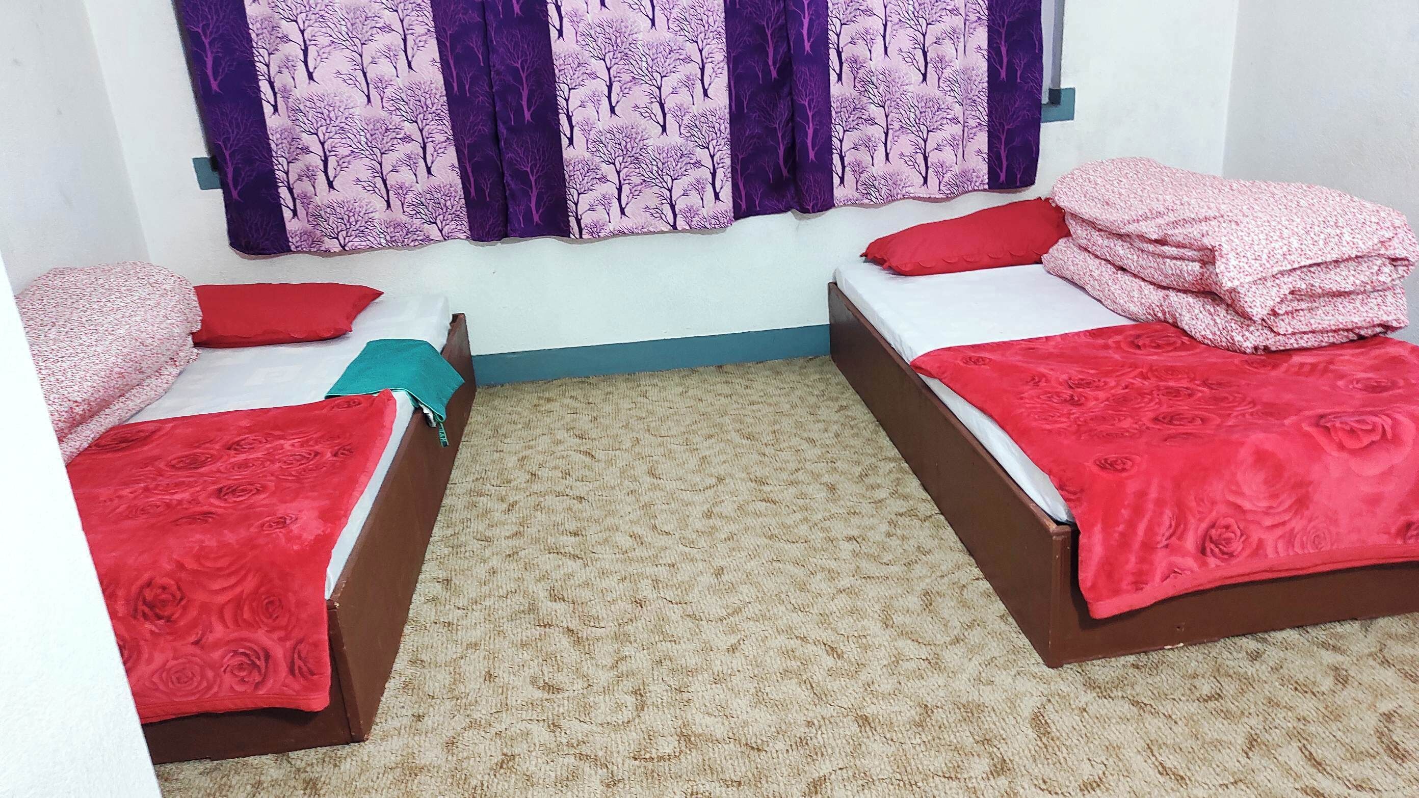 A twin room with two beds, each with red bedding and pillows. The room has a beige carpet and purple curtains with a tree pattern.