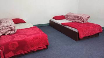Two single beds with red floral bedding and pillows, a white wall, and a blue carpet.