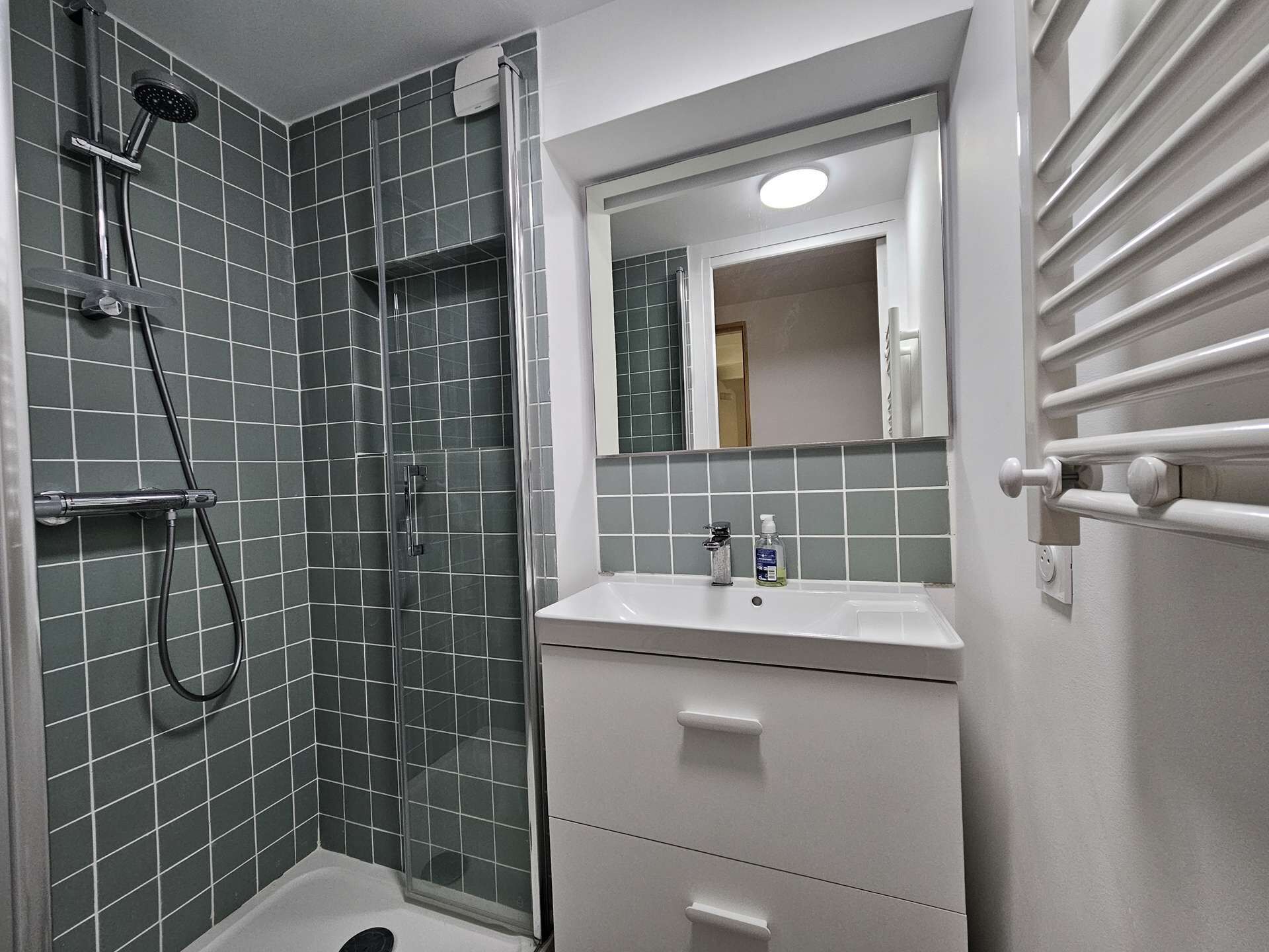 Ein Badezimmer mit Dusche, Waschbecken und Spiegel.