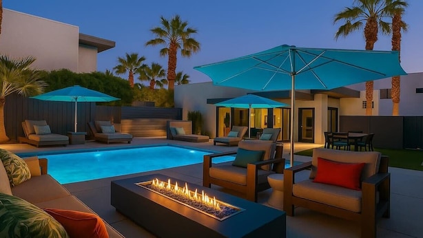 A modern outdoor pool area with lounge chairs, umbrellas, and a fire feature.