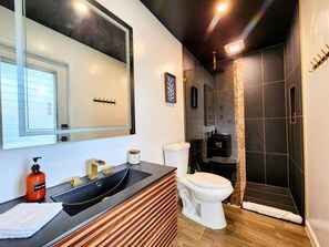 Eco-friendly toiletries, hair dryer, towels