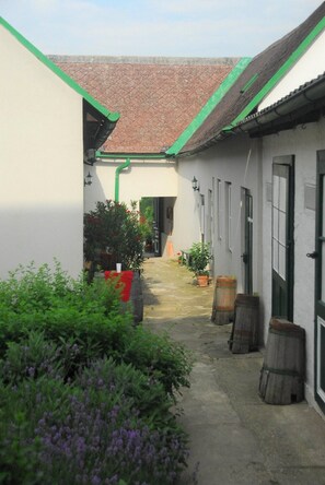 Une cour étroite, avec un toit en tuiles, des plantes en pot et des barils.
