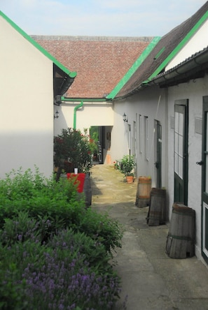 A narrow courtyard with a tiled roof, potted plants, and barrels.