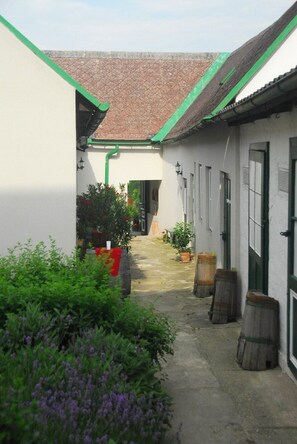 Une cour étroite avec un toit recouvert de tuiles, des plantes en pot, des barils et un bâtiment blanc aux bordures vertes.