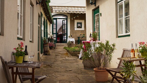 Un estrecho callejón empedrado con muebles de madera rústica, plantas en macetas y una mesa preparada para comer.