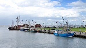 A marina with several boats docked, a building with a red roof, and a grassy area with flags. - Apartment 'Ferienhaus Gerda Wohnung 2' with Private Terrace, Private Garden and Wi-Fi (Ochtersum)