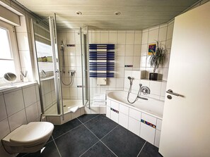 Shower, hair dryer, towels