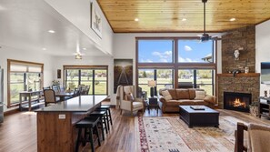 Smart TV, chimenea y libros 