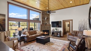 Smart TV, chimenea y libros 