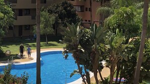 A swimming pool surrounded by lush greenery and palm trees, with a building in the background.