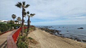A coastal walkway with palm trees, a sandy beach, and rocky outcrops in the water. - Refugio de Riviera 2 bed apt with sea view (Mijas Costa)