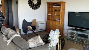 A living room with a grey sofa, a wooden cabinet, a TV stand, and a decorative wall hanging. - Ben Morven Vineyard Cottage (Fairhall)