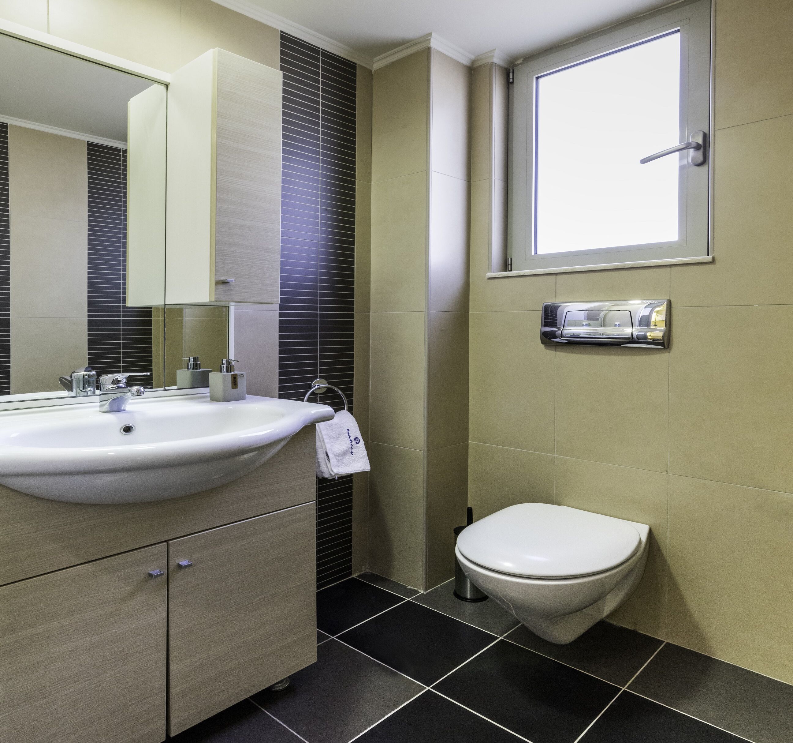 Een moderne badkamer met een groot wastafel, spiegel en toilet.