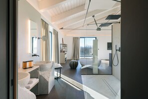 Loft, Pool View | Bathroom | Designer toiletries, hair dryer, bathrobes, slippers - Le Cattedrali Relais by Laqua Collection (Asti)