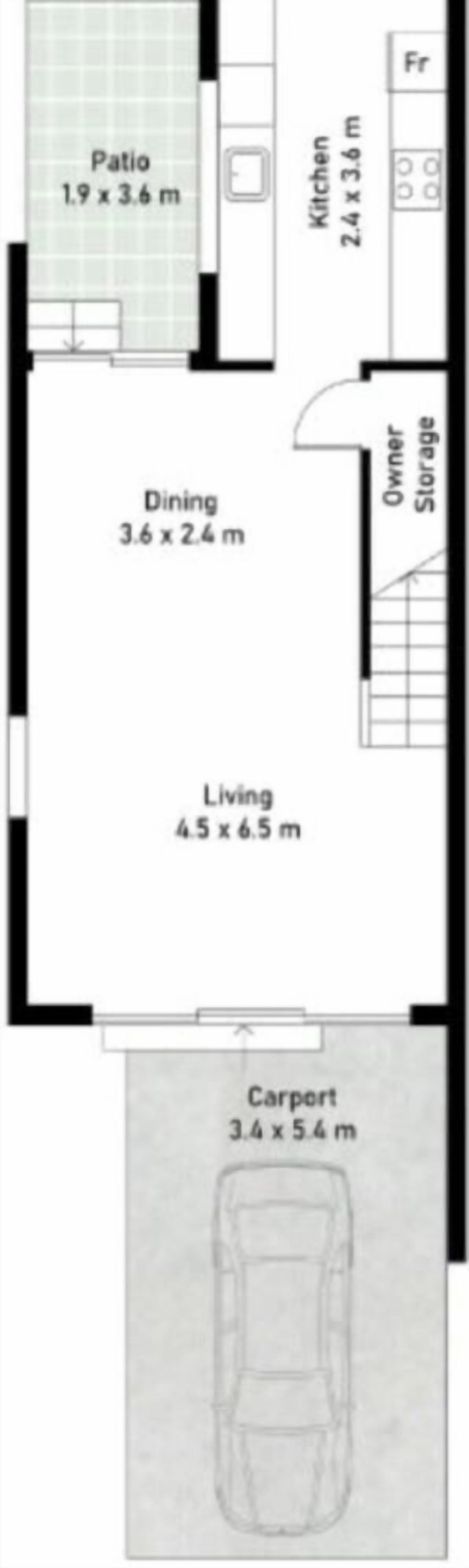 A floor plan with a patio, kitchen, dining area, living room, storage, and carport.