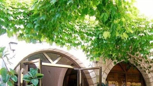 A building with an arched entrance, a staircase leading up to the door, and potted plants around the entrance area. - Hotel Grbalj (Budva)
