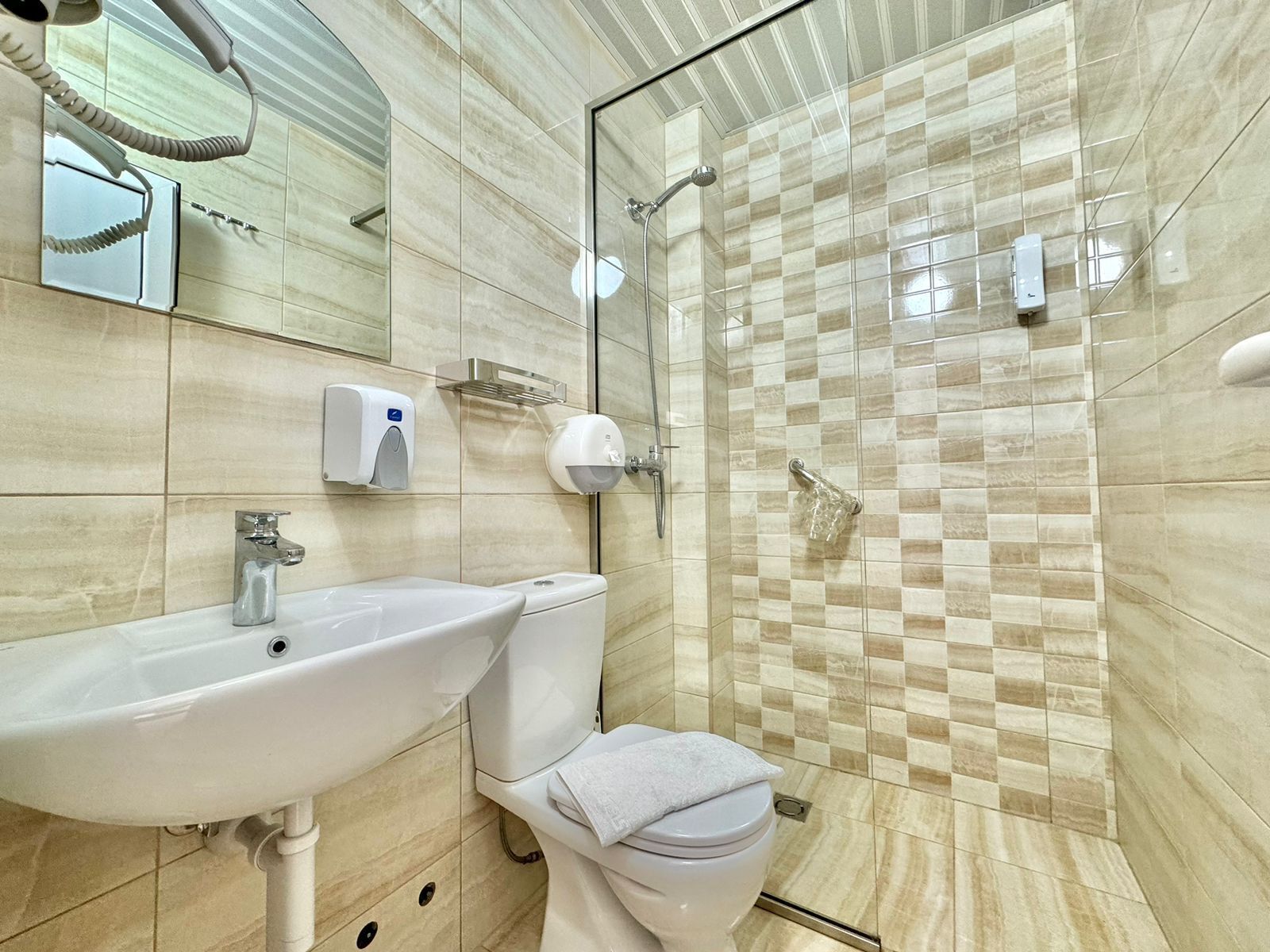 Een badkamer met een wastafel, toilet en douchecabine met glazen wanden.