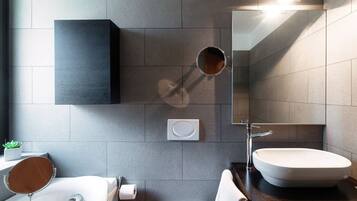 Shower, hair dryer, bidet, towels