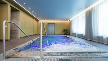 An indoor swimming pool with a blue water feature, a metal ladder, and a potted plant.