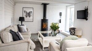 Een gezellige woonkamer met een open haard, een bank, een salontafel en een aan de muur bevestigde televisie.