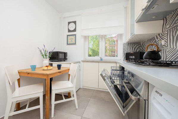 Microwave, oven, dishwasher, coffee/tea maker