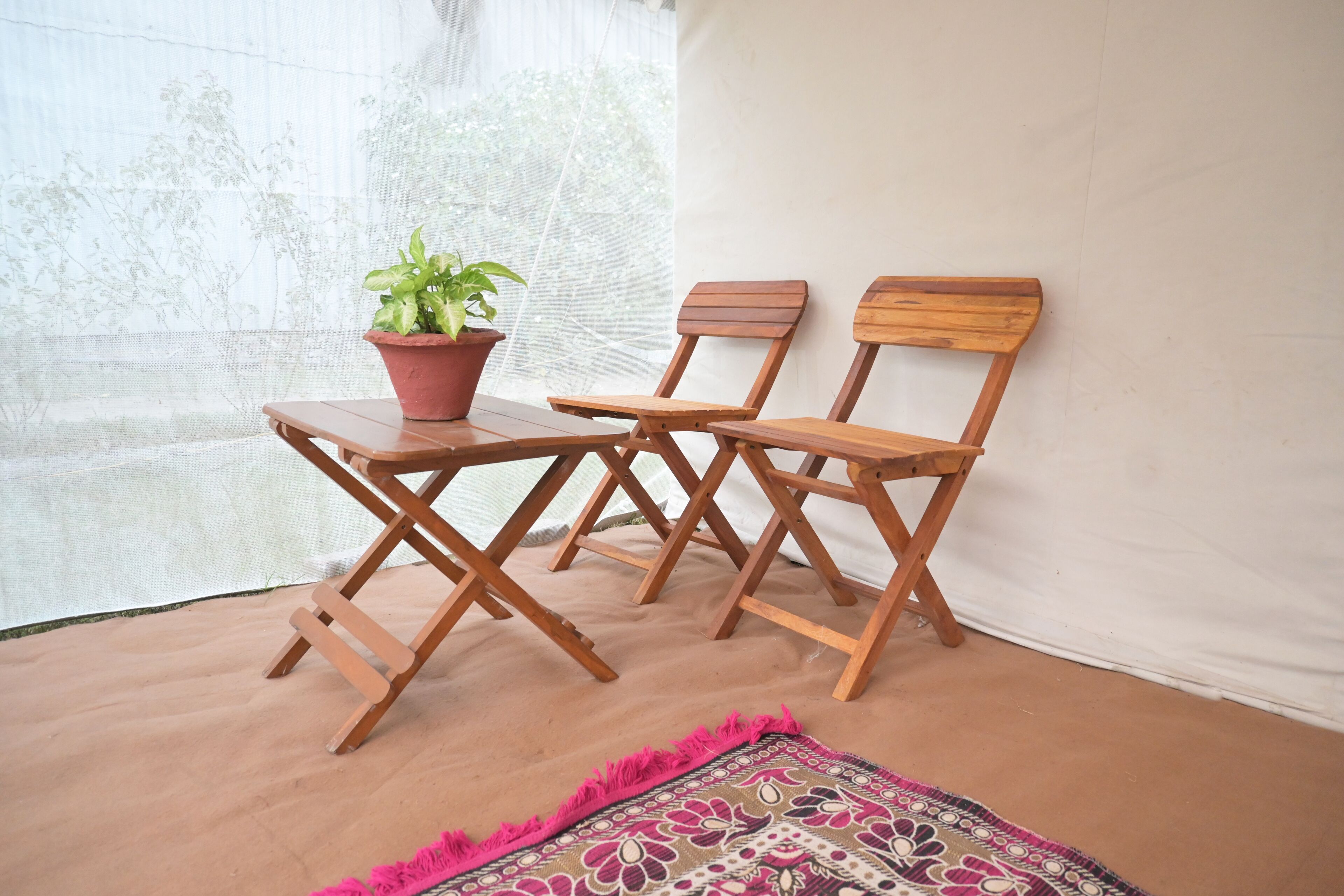 A small wooden table and two chairs with a potted plant on it, placed on a beige floor with a patterned rug.