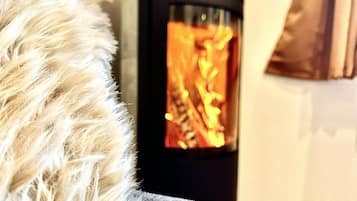 Eine Nahaufnahme eines fellüberzogenen Objekts, möglicherweise ein Sessel oder Sofa, mit Kamin im Hintergrund.