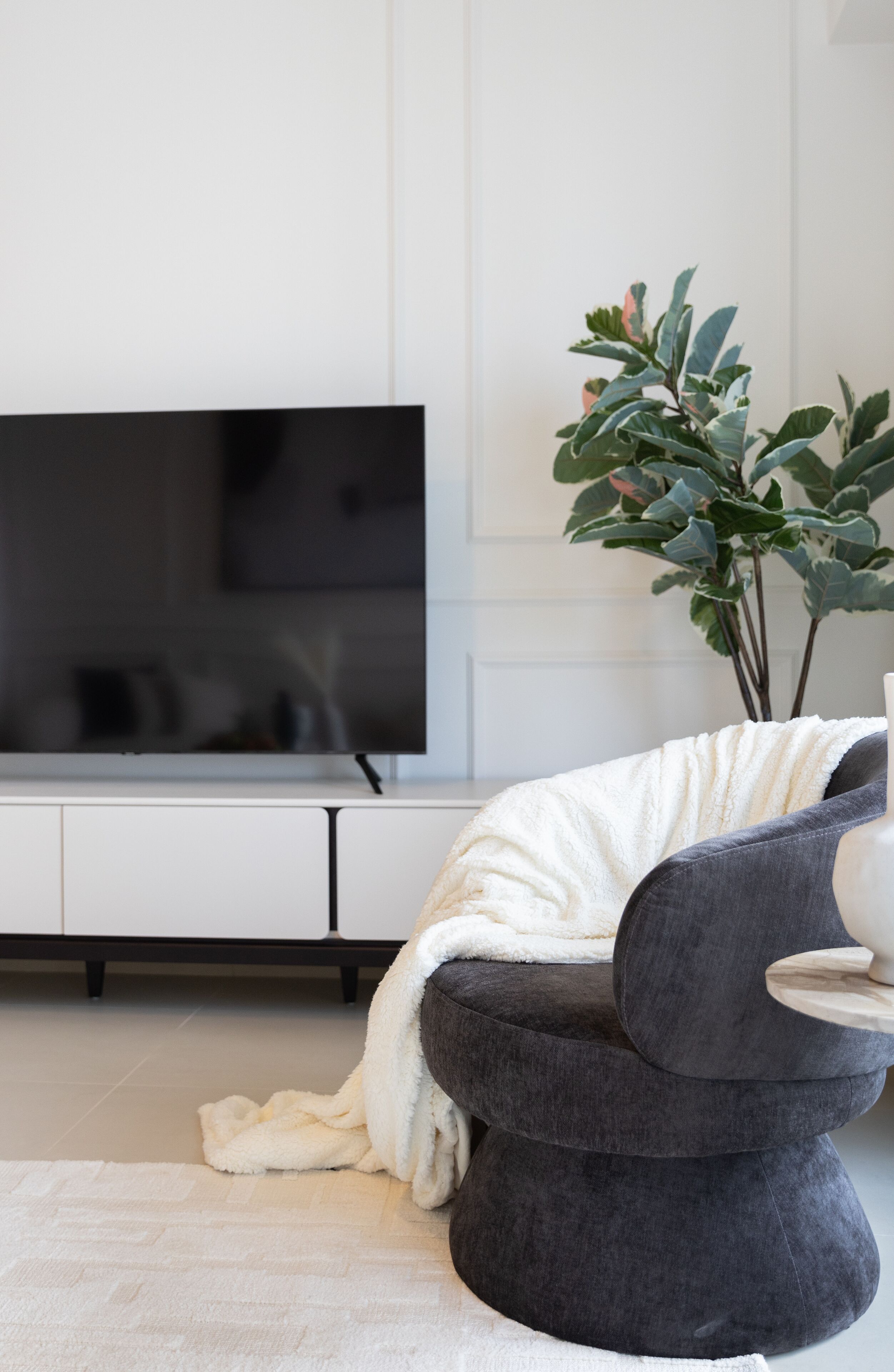 Un salon moderne avec un téléviseur à écran plat fixé à un mur blanc, un canapé gris foncé agrémenté d’un plaid blanc et une plante en pot aux feuilles vertes.
