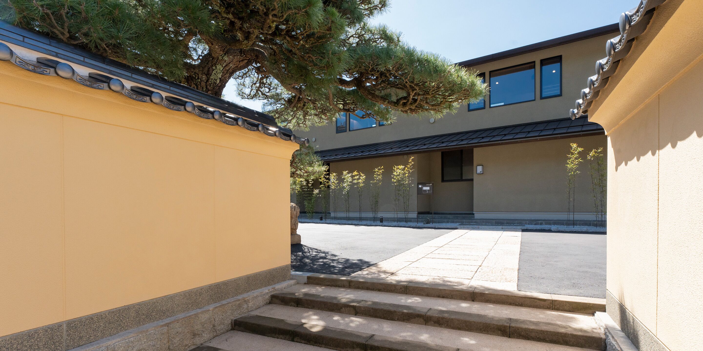 A building with a yellow exterior, a stone staircase, and a large tree in front.