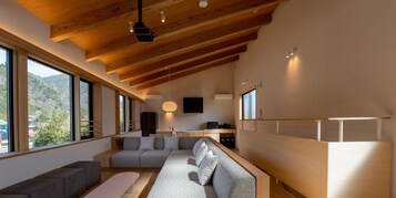 [101] Apart  Triple+Japanese-style room/with sauna (5 people capacity) | Living area | 65-inch flat-screen TV with digital channels, heated floors