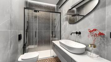 Elite Apartment | Bathroom | Shower, hydromassage showerhead, hair dryer, bathrobes
