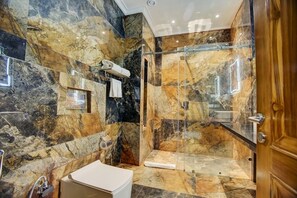 A bathroom with a marble wall, a glass shower enclosure, and a toilet. - Sarovar Portico Saharanpur (Saharanpur)