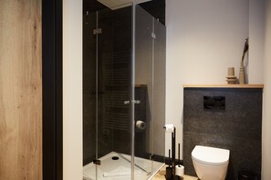 A modern bathroom with a glass-enclosed shower, a toilet, and a sink.