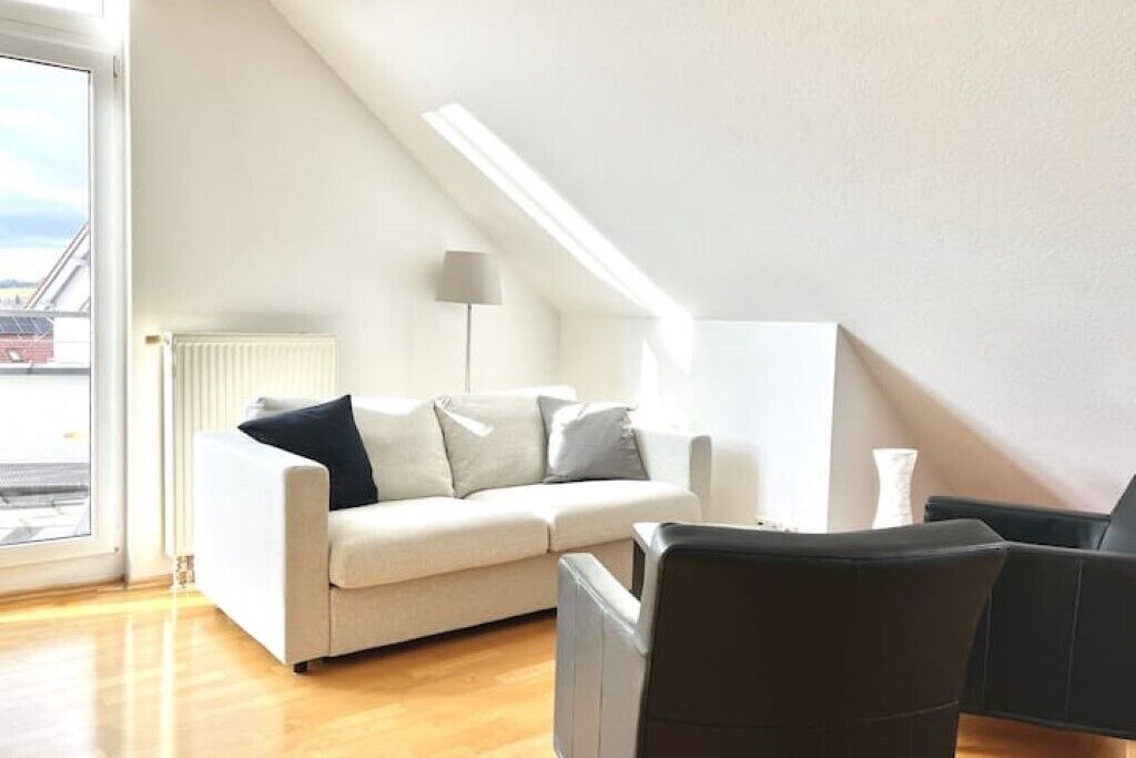A modern living room with a sofa, a chair, and a radiator.
