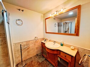 Shower, hair dryer, towels