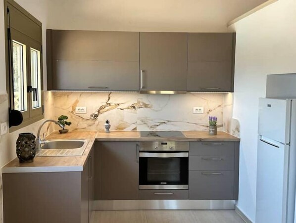 Fridge, microwave, oven, stovetop