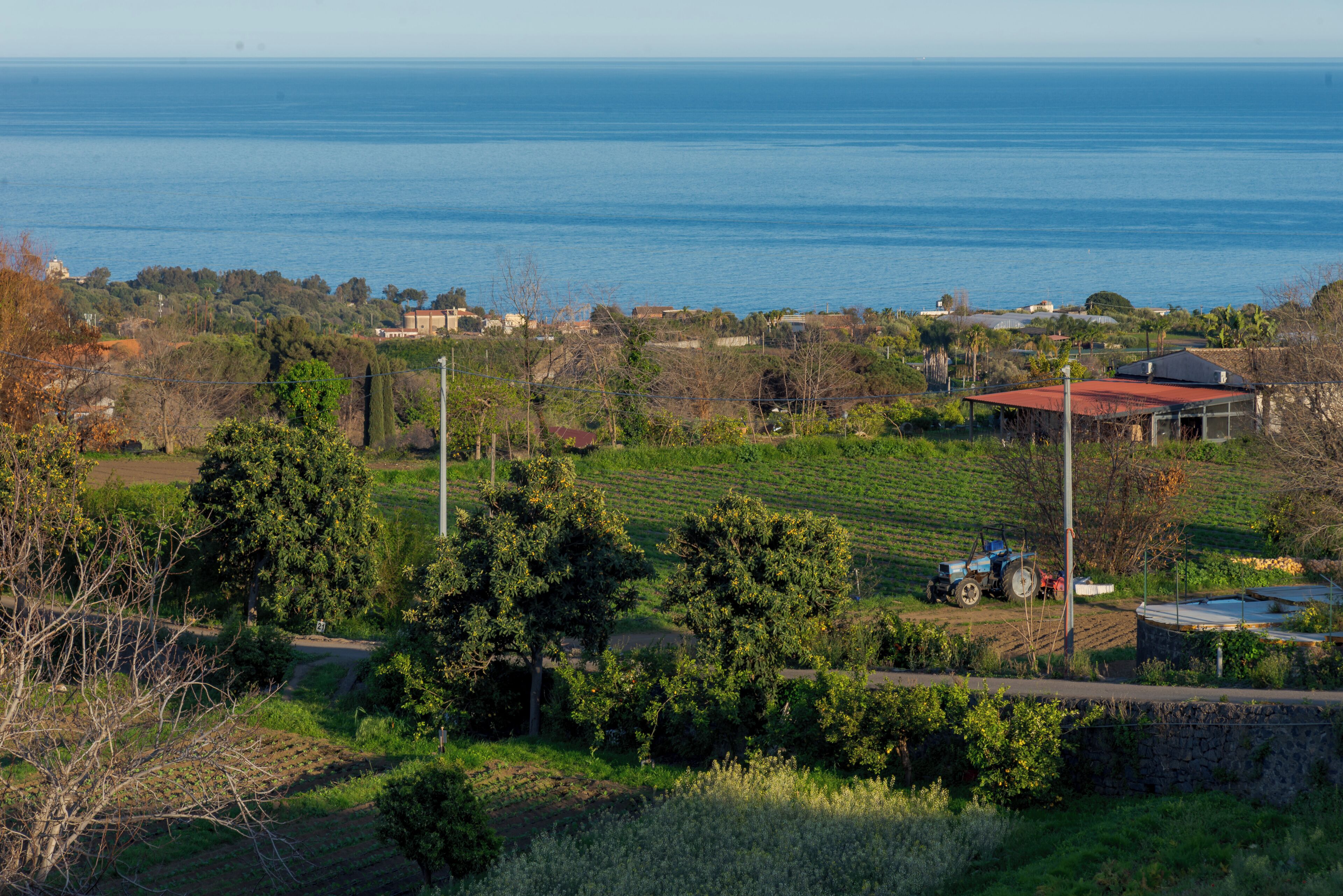 Paesaggio costiero con vista sul mare, un trattore in un campo e un edificio con tetto rosso.