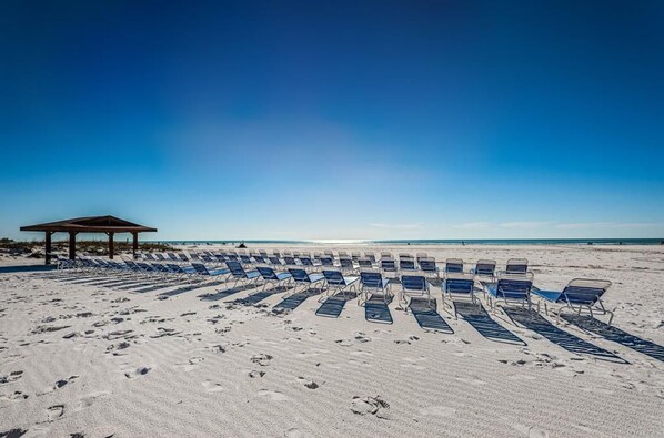 A beach with rows of sun loungers and a pavilion.