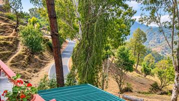 A curved road with a view of a mountainous landscape, a red railing, and a potted plant with red flowers.