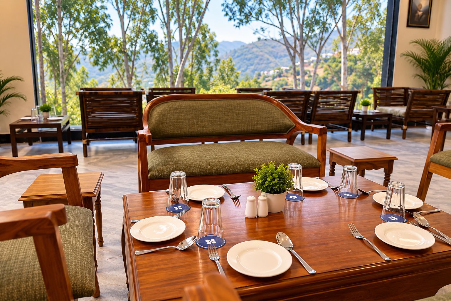 A dining area with a table set for four, surrounded by wooden chairs and a cushioned bench.