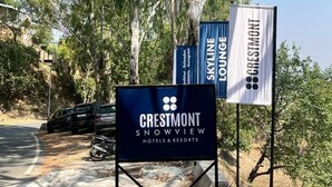 A Crestmont Snowview Hotels & Resorts signboard with a Skyline Lounge banner.