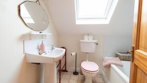 A small, bright bathroom with a skylight, a white sink, a toilet, and a bathtub. - Orchard Cottage - Dingle (Dingle)