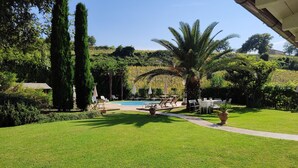 A well-maintained garden with a swimming pool, lounge chairs, and a statue. - 3849 Villa Daya by Barbarhouse (Fano)