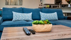Ein Wohnzimmer mit einem blauen Sofa, zwei gemusterten Kissen, einem Holztisch, einer Fernbedienung und einem Holzpflanzgefäß mit Grünpflanzen.