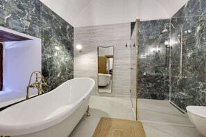 Habitación Premium | Baño | Ducha, cabezal de ducha tipo lluvia, secador de pelo y zapatillas