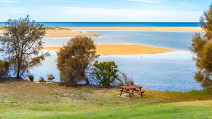 Une vue sur le lac, avec une table de pique-nique et des arbres.