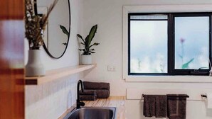 Une cuisine moderne avec un plan de travail en bois, un évier en acier inoxydable, une plante en pot et une fenêtre donnant sur la ville.