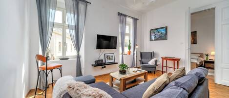 21-inch flat-screen TV with cable channels, TV